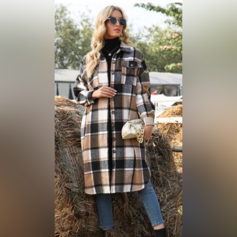 🍁New Fall🍁 Long Plaid Trench Style Coat Jacket With Front Patch Pockets